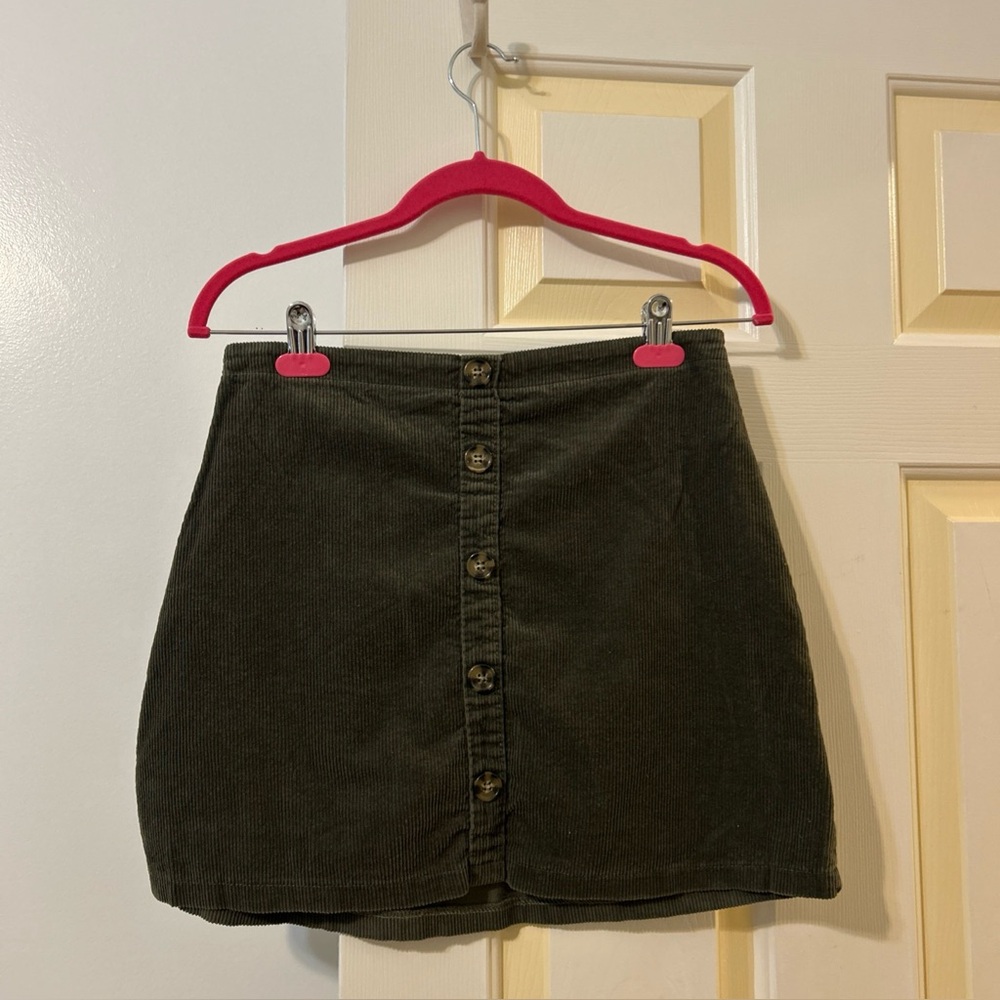 Dark Green Corduroy Elastic Waist Button-Front Accent Mini Skirt